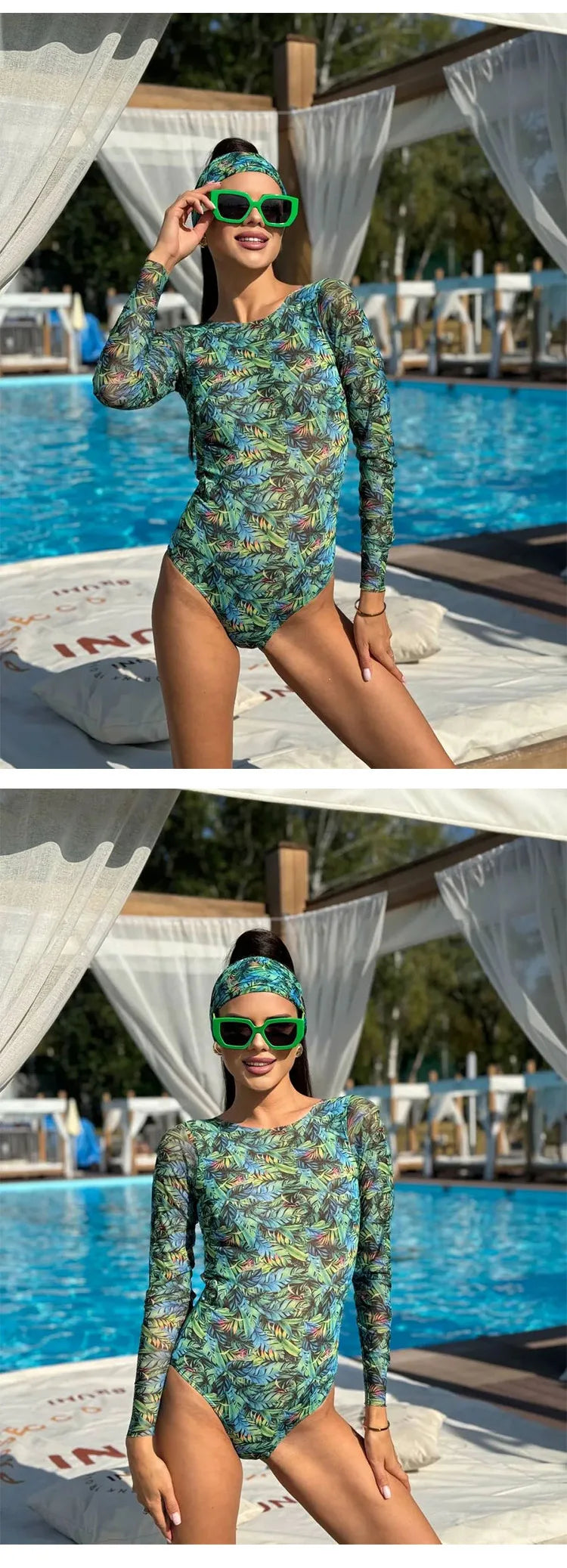 Mesh High Waist Swimsuit Women Summer Bathing Suit Bikini Set Long Sleeve Swimwear Beach Swimming Suit For Female