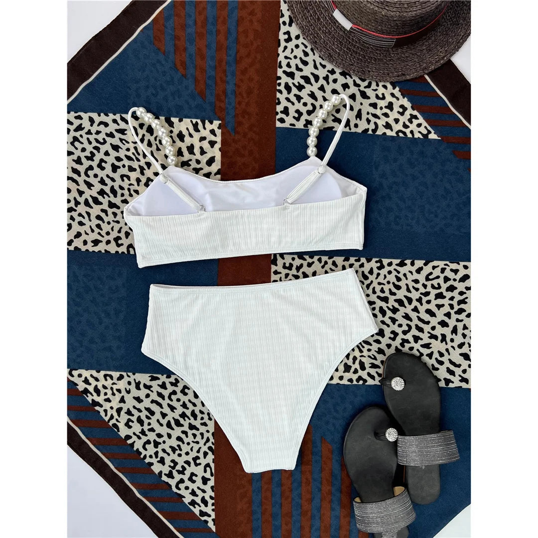 Pearls Ribbed High Waist Bikini Female Swimsuit Women Swimwear Two-pieces Bikini set Padded Bather Bathing Suit Swim Lady