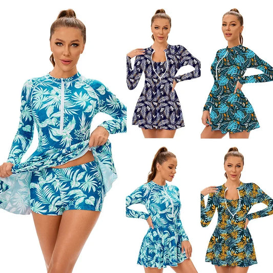 Modest Flower Printed 3-Piece Swimsuit Set Long Sleeve Swimwear High-Waisted Slim-Fit Bathing Suit