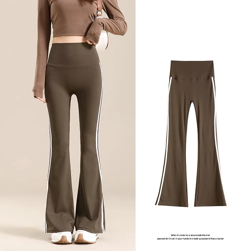 Sports White Stripe Micro Flared Leggings Women Tight Slim High Waist Horseshoe Pants Sexy Flared Trousers