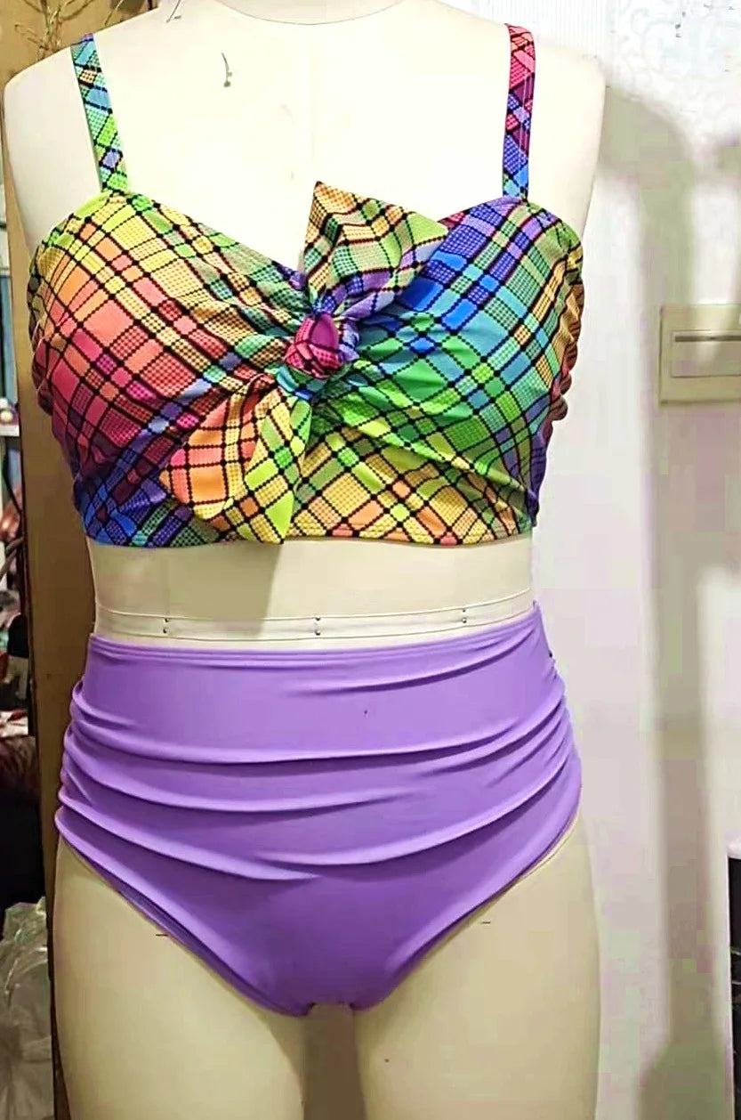 Rainbow Crisscross Pattern2 Piece Plus Size Bikini Set Women High Waist Curvy Swimsuit  Bathing Suit