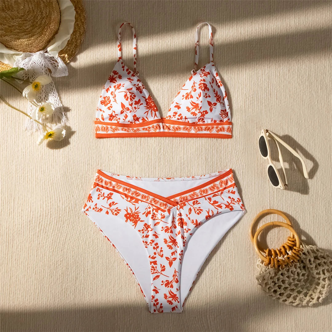 Flowers Printed High Cut Mid Waist Bikini Female Swimsuit Women Swimwear Two-pieces Bikini set Bather Bathing Suit Swim