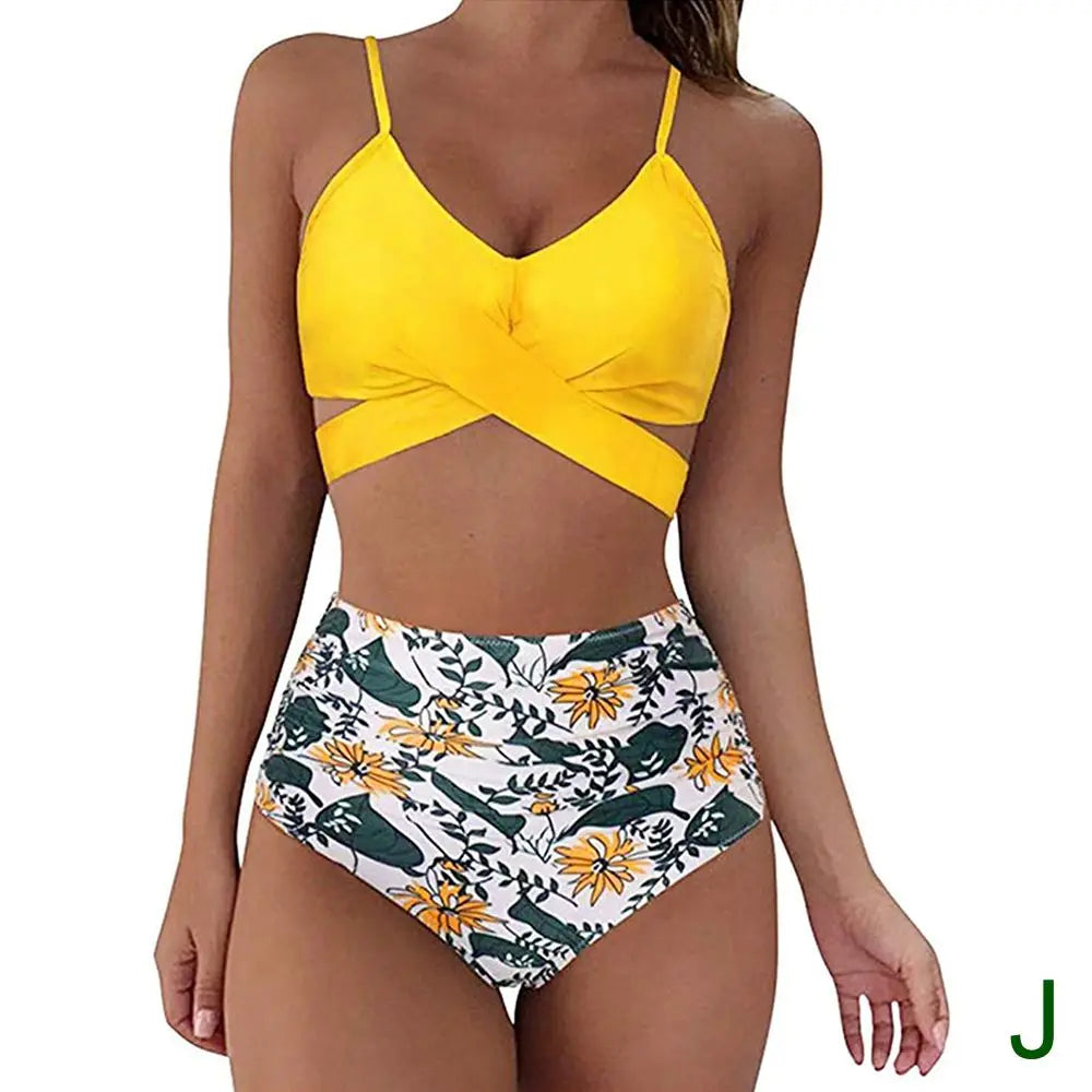 Bikini Two Piece Suit Cross Front Slim High Waisted Bottom Solid/Print Breathable Quick Drying Beachwear