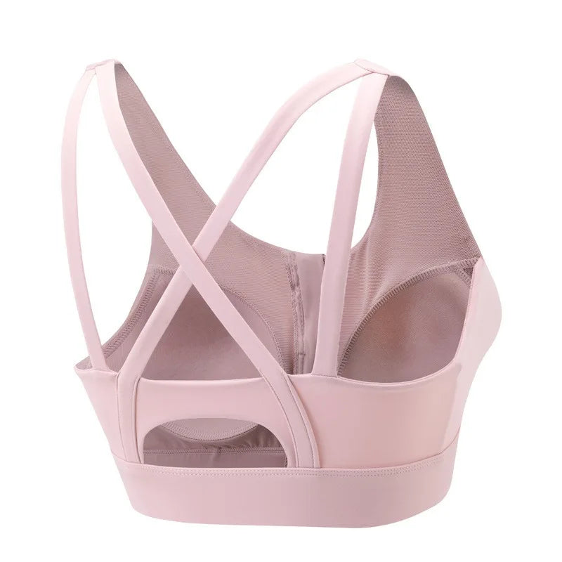Aiithuug Front Zipper Crisscross Yoga Bra With Built In Cup Women's Strappy Wirefree Sport Gym Pilates Bra High Impact Underwear