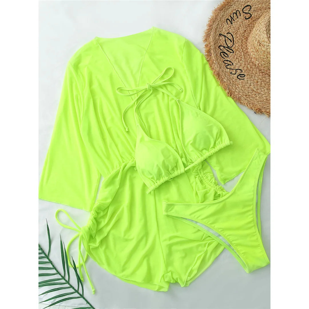 3 PCS Halter Bikini Women Swimwear Female Swimsuit Three-pieces Bikini set With Cover Up Bather Bathing Suit Swim Lady