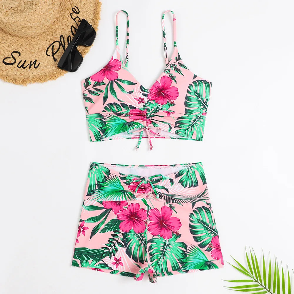High Waist Bikini Swimsuit Women Floral Print Swim Suits Drawstring Front Shorts Boxers Swimwear Trunks Pool Bathing Suit