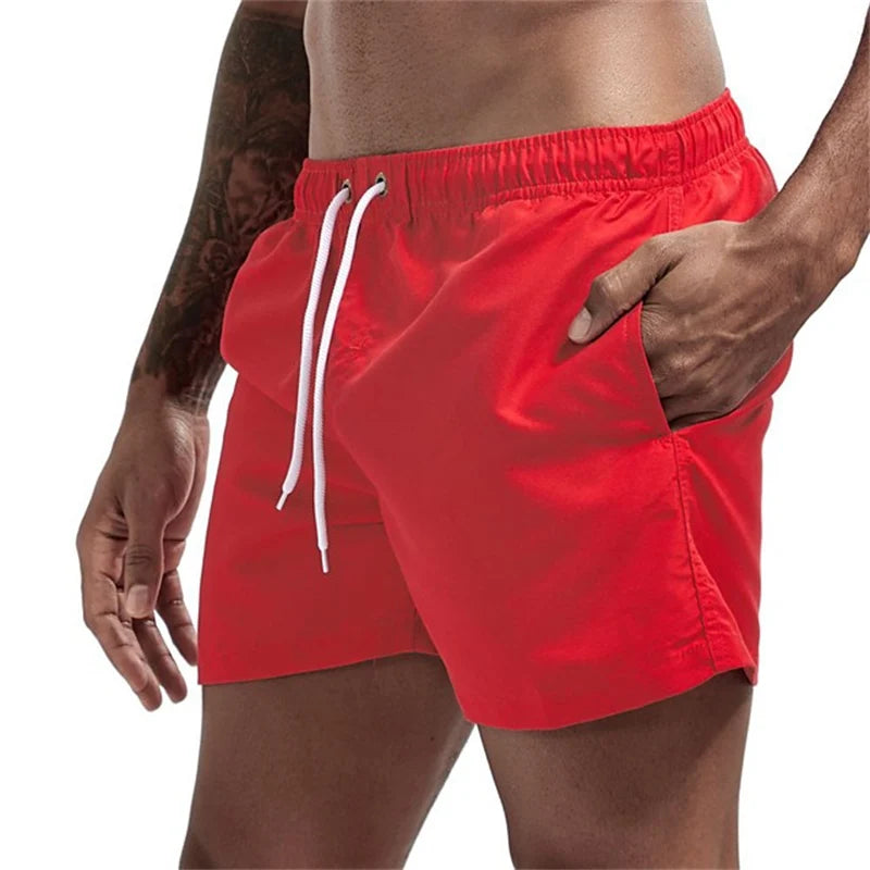 Mens Swim Trunks with Mesh Lining Side Pockets Solid Beach Shorts Quick Dry Lightweight Drawstring Board Shorts Summer Swimwear