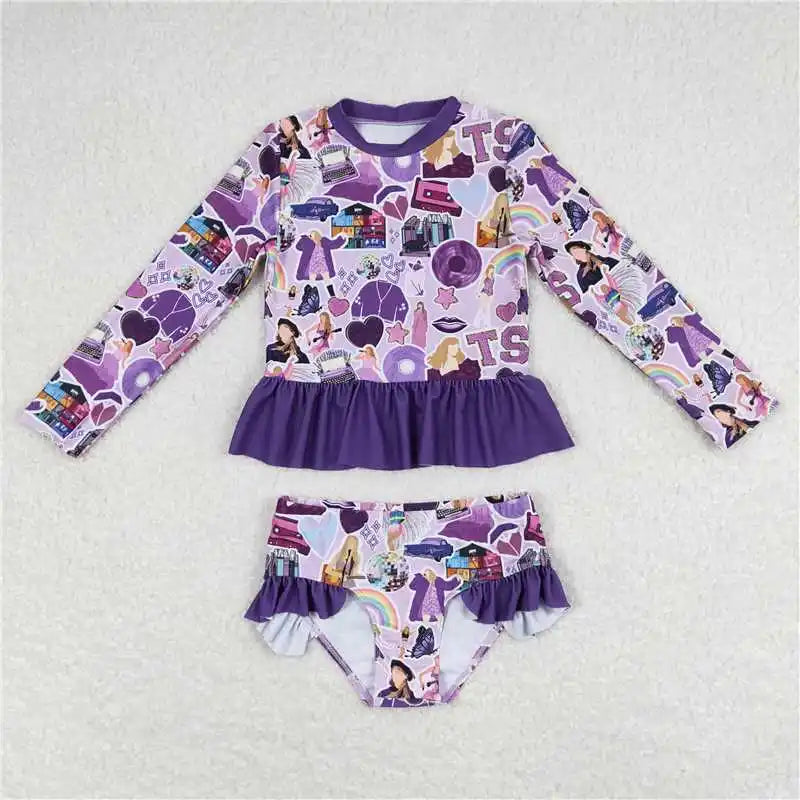 Fashion Baby Girls Swimwear Set Rash Guard Long Sleeve Bathers Kids