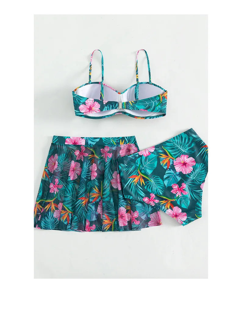 Cikini-Women's Tropical Print Push Up Bikinis Set, Swimsuit with Beach Skirt, Swimwear, Summer Bathing Suit