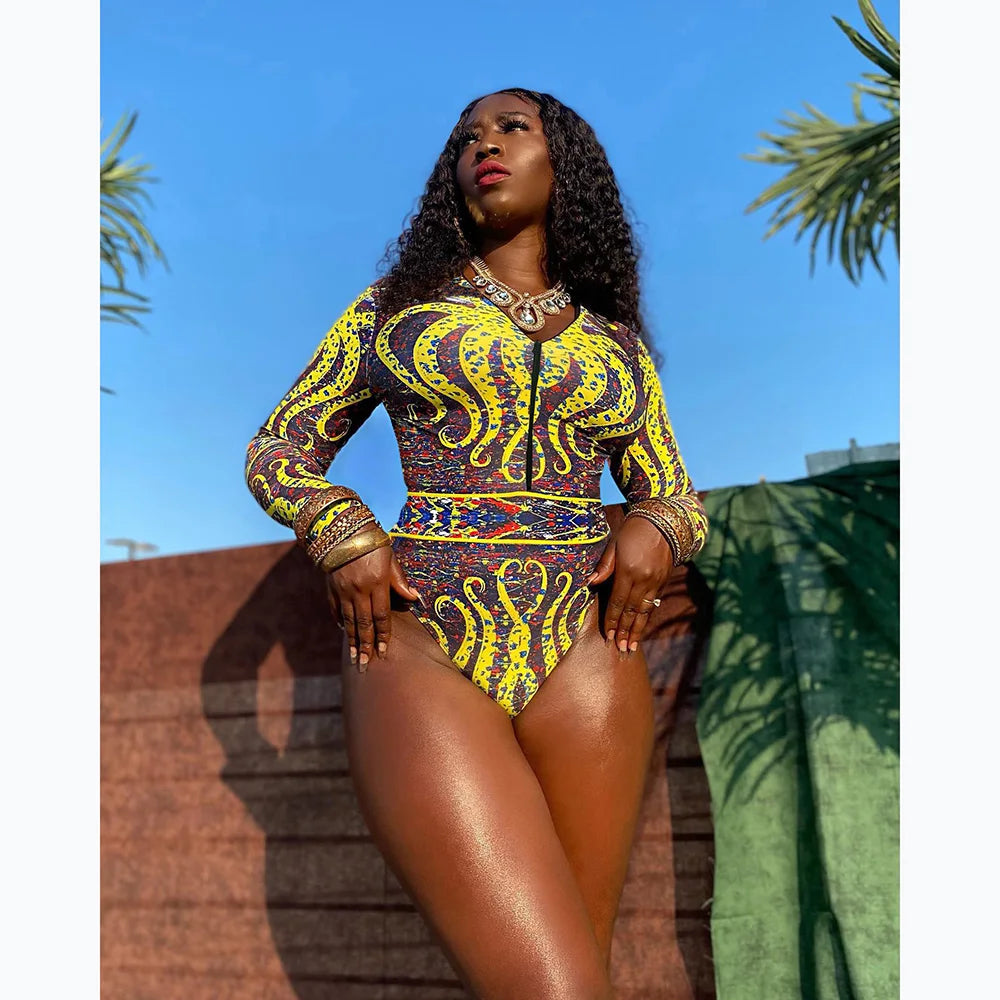 Surfing Sport Long Sleeves Swimsuit For Women Floral Printed High Quality Swimwear Patchwork Bathing Suit Tropical Summer