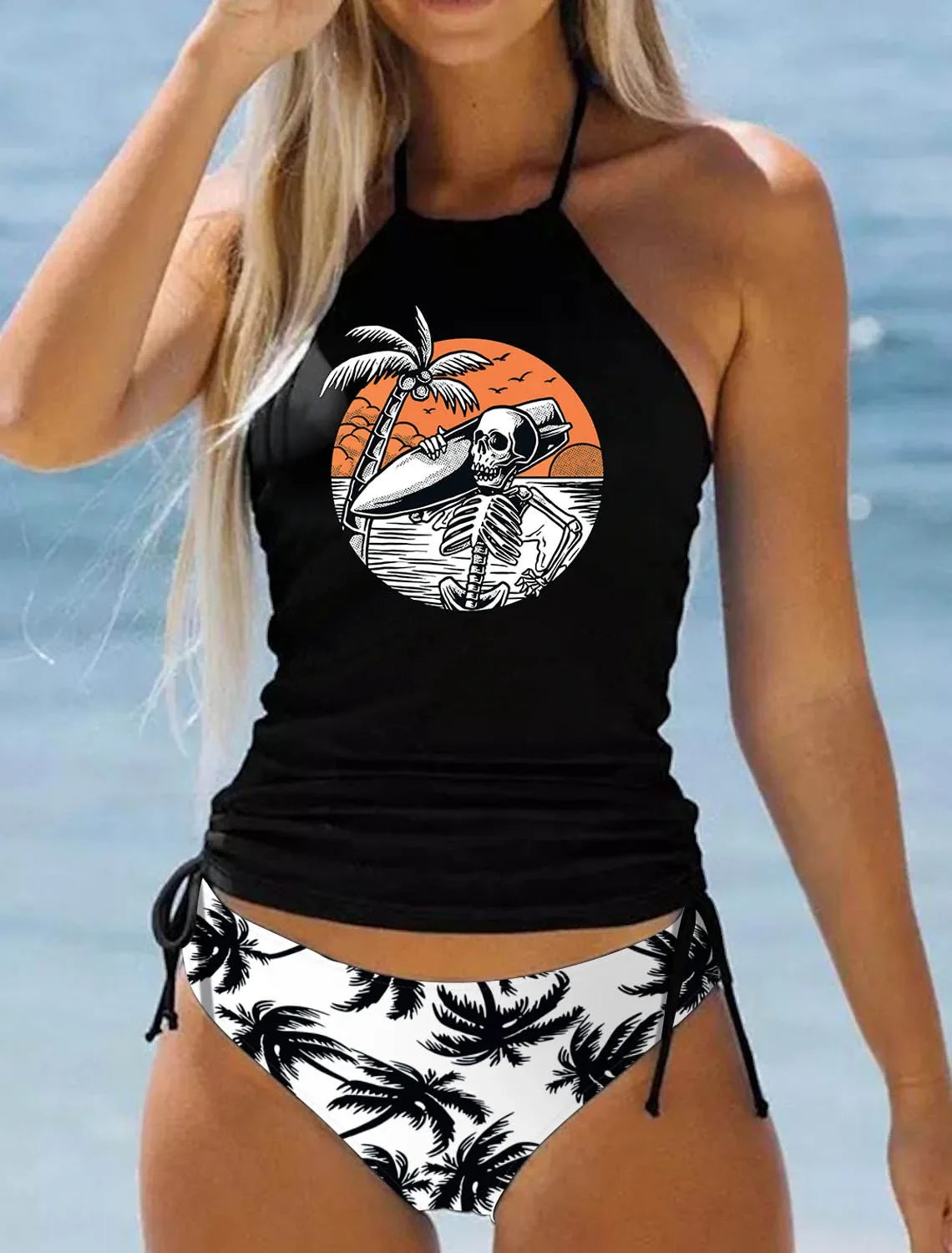Summer Fashion Casual Vacation Swimsuit Women's Seaside Sunset Dusk Printed Bikini Two Piece Set S-6XL