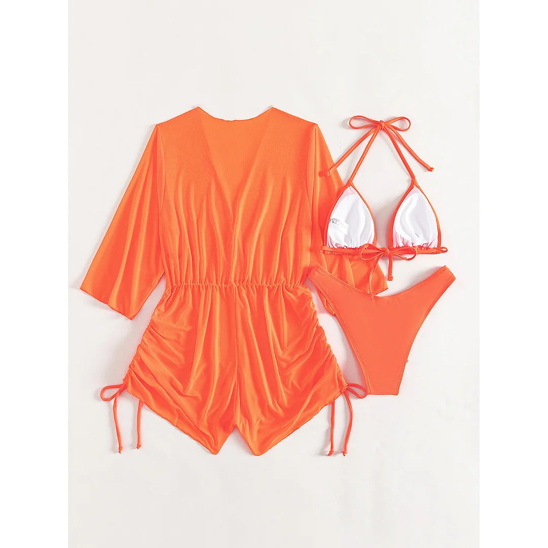 3 PCS Halter Bikini Women Swimwear Female Swimsuit Three-pieces Bikini set With Cover Up Bather Bathing Suit Swim Lady