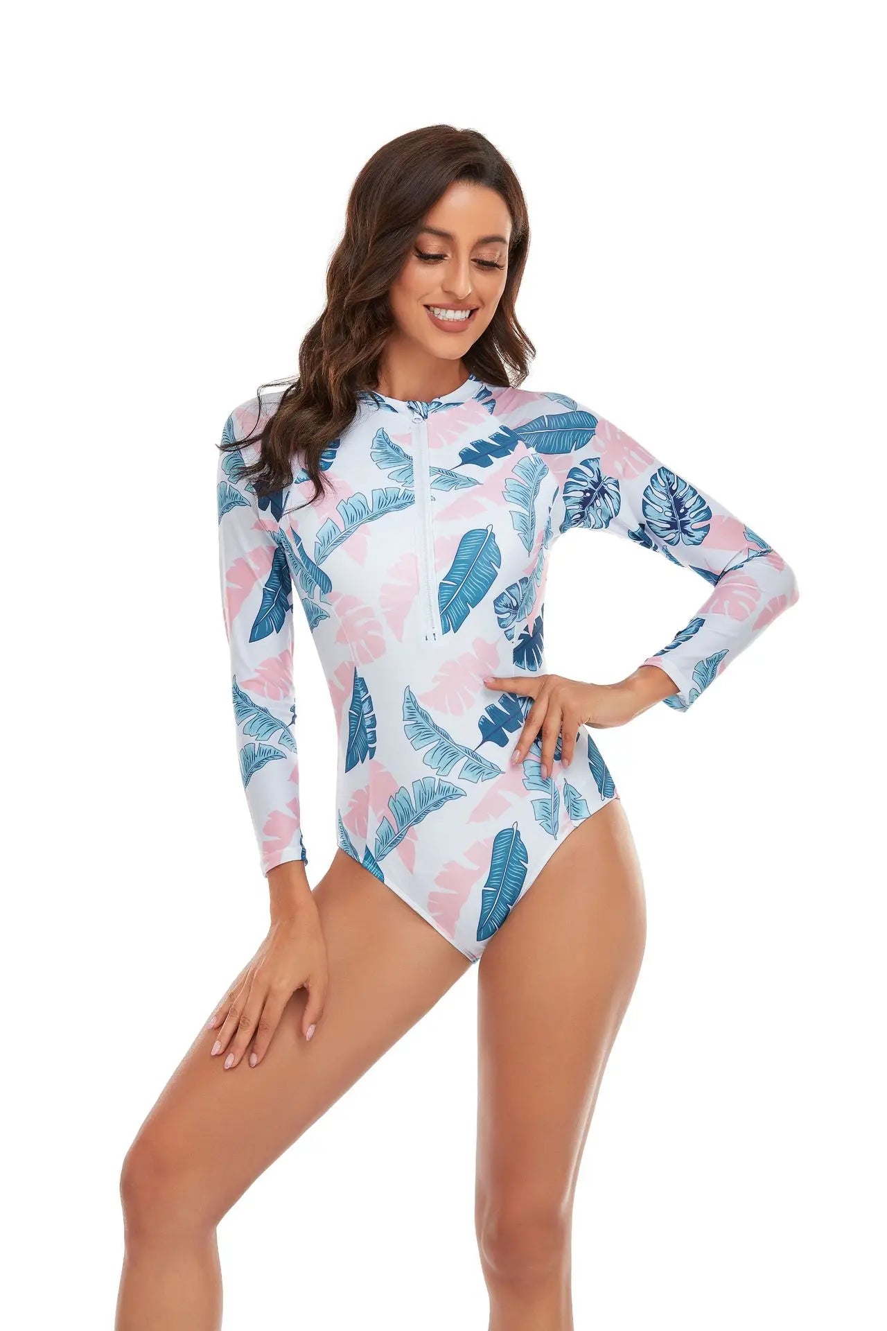 One-piece Swimsuit Women Long Sleeves Sunscreen Surf Wear Solid Color Stitching Zipper Conservative Summer Beach Swimwear