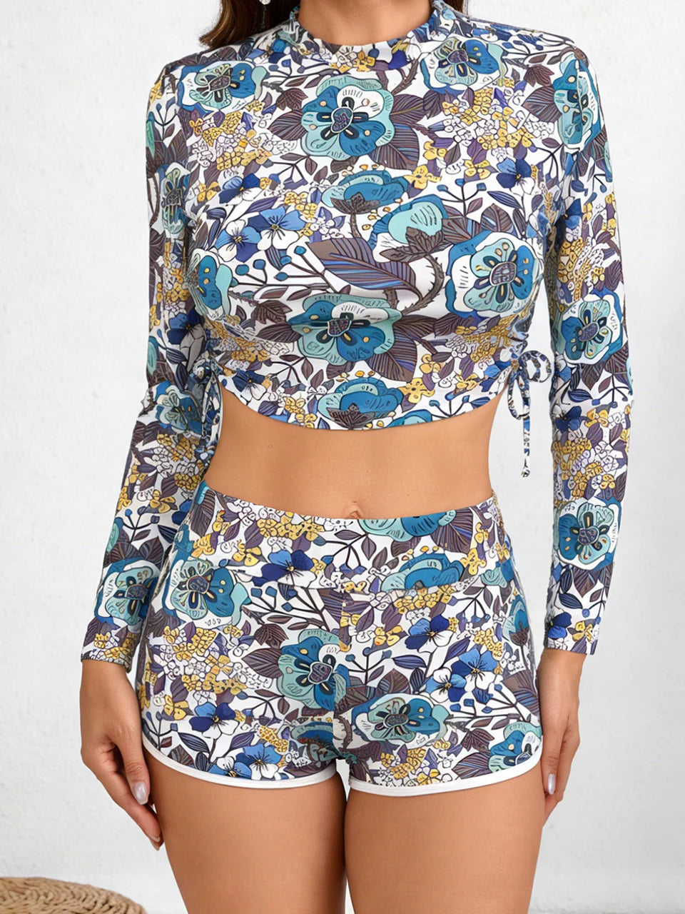 Women's 3-Piece Drawstring Tropical Print Swimwear Rash guard Surfing Sports Swimsuit With Shorts Female Bathers Swimming Beachwear