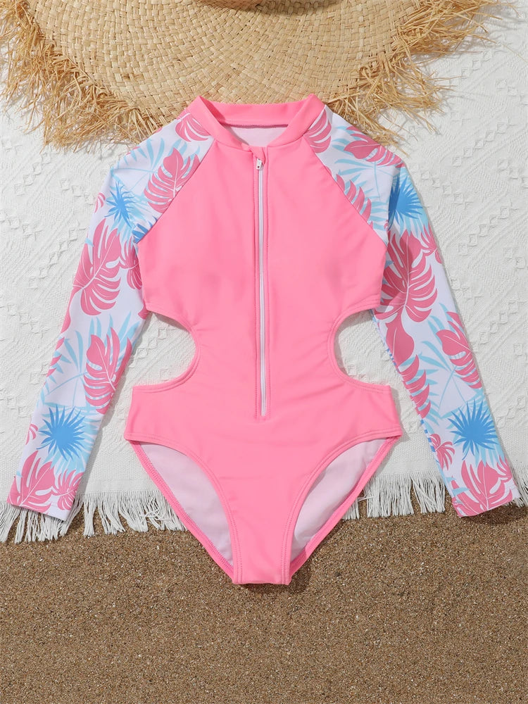 One Piece Girls Swimsuit Pink Print Long Sleeve Children Swimwear Summer Hollow Out Kids Beach Swimming Bathing Suit