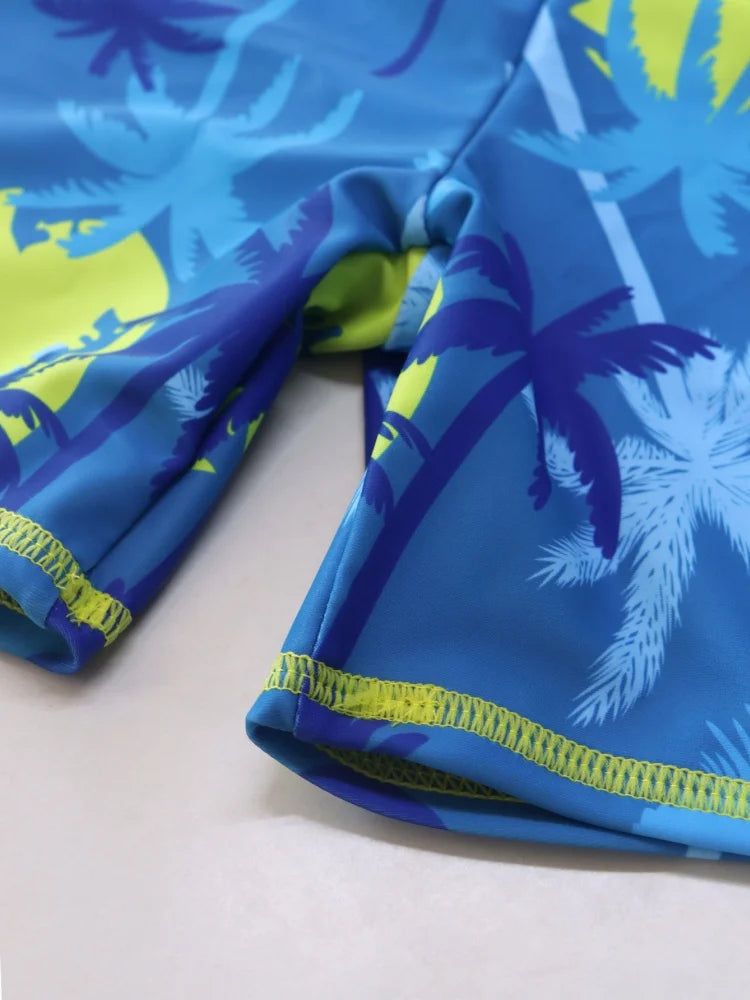 Boy Kids Swimsuit Solid Coconut Tree Long Sleeve Children Swimwear Summer Split 2 Piece Beachwear Bathing Suit Swimming