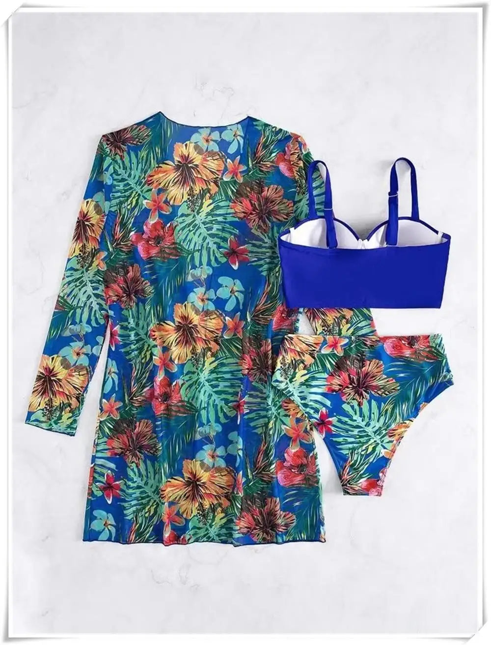 3 Piece Bikini Set Women Cover Up Swimwear Female Tropical Printed Swimsuit Push Up Beachwear Long Sleeve Bathing Suit
