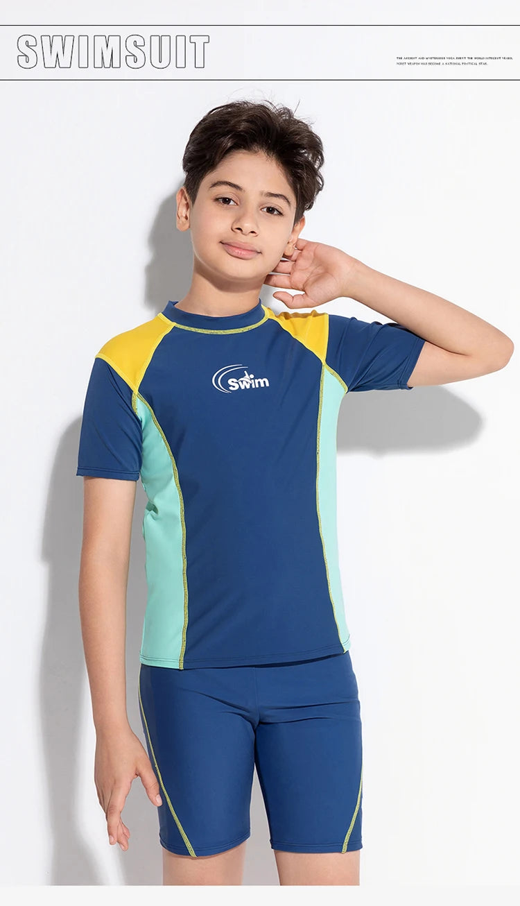 Boy Swimwear Short Shirt Two Piece Short Sleeve Solid Patchwork Teenager Children Kids Swimming Beach Wear 2024 9-16 years