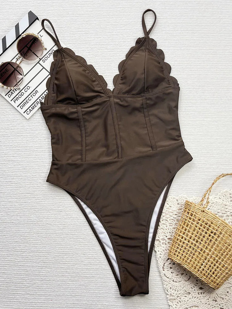 Lady Solid Swimwear Women Ruffle Push UP One Piece Swimsuit Monokini Strapped Backless Beach Bathing Suit