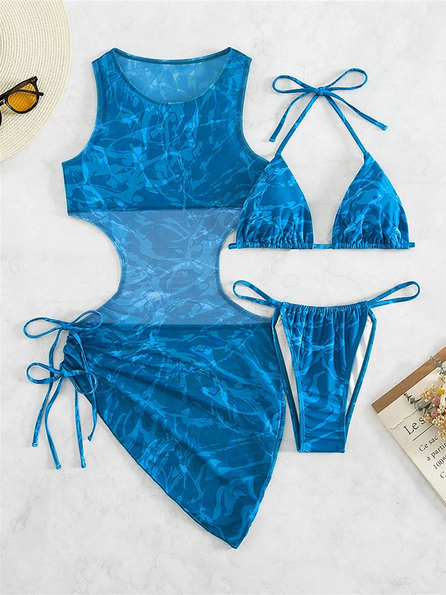 Print Halter String 3 Piece Bikini Triangle Swimsuit Women Swimwear Female Bather Bathing Swimming Swim Suit Beachwear