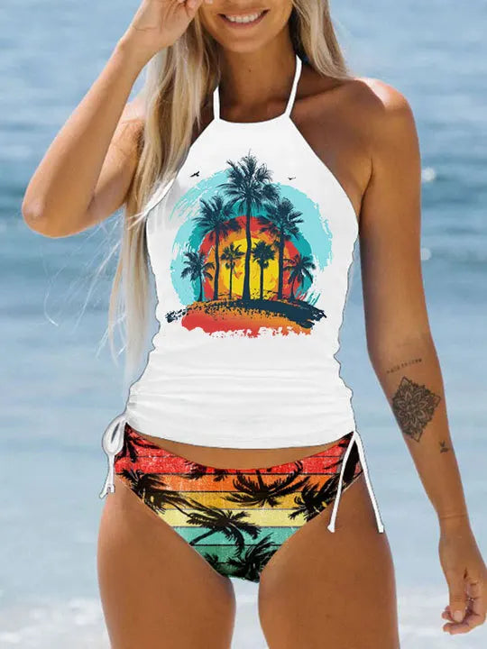 Women's Bathing Suit Coconut Drawstring Side Halter Neck Tankini Set Summer Beach Wear Cute Swimwear Women Swimsuit Bikini