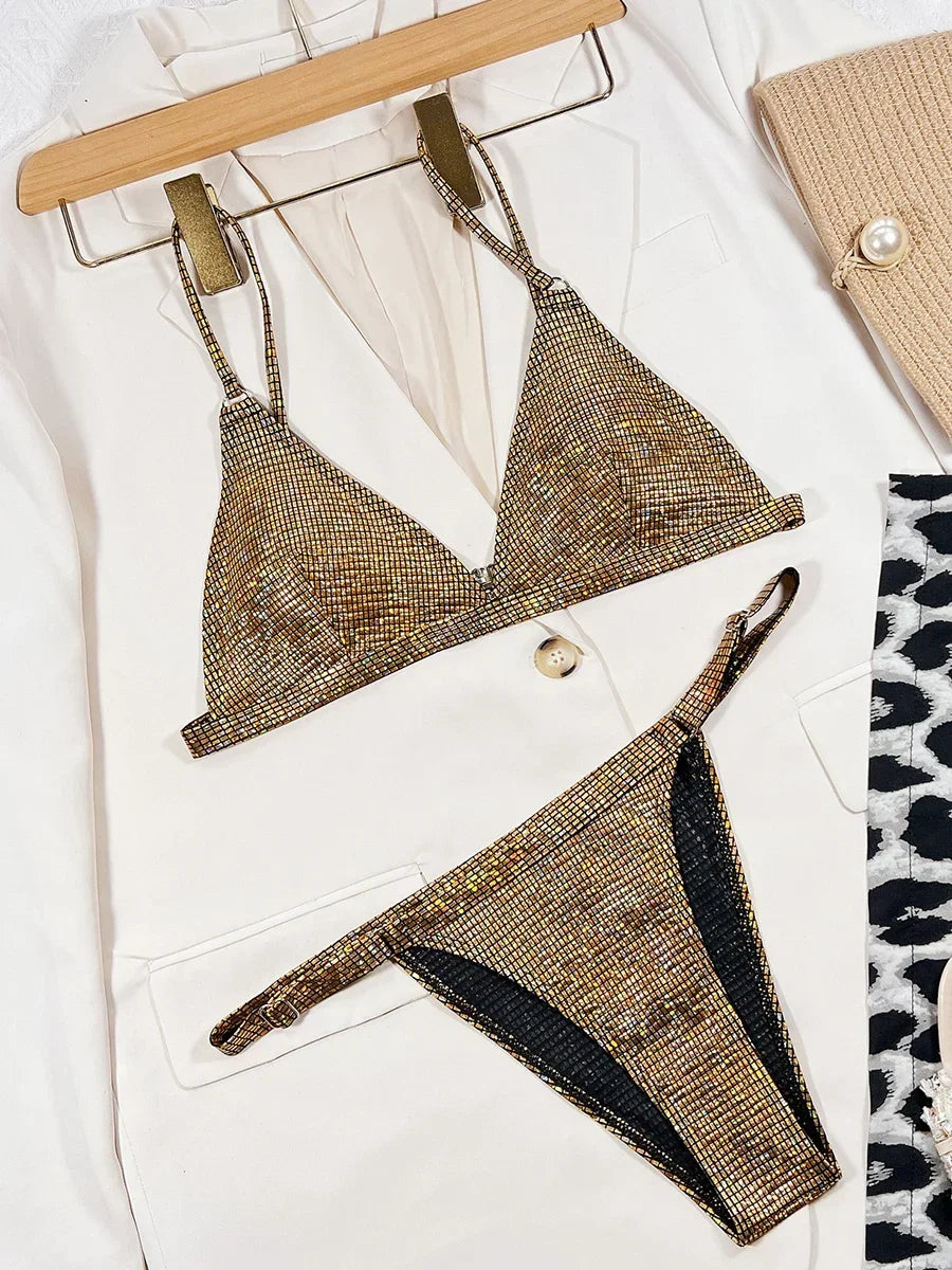 Shiny Golden Sequins High Leg Cut Bikini Female Swimsuit Women Swimwear Two-pieces Bikini Set Bather Bathing Suit Swim Lady