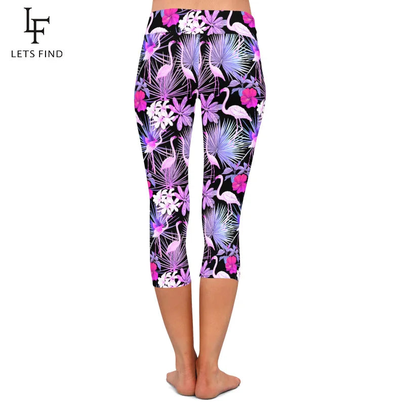LETSFIND 3D Tropical Plants and Flowers and Flamingo Print Capri Leggings High Waist Slim Fitness Mid-Calf Leggings