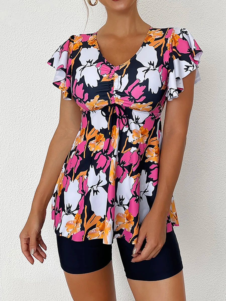 Printed Tankini Set Two Piece Swimsuit Women Tie Front Drawstring Swimwear Female Bathing Swimming Suit Beachwear Summer