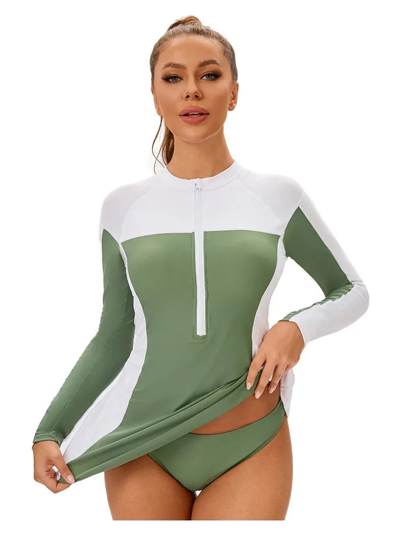 Woman Tankini Color Block Long Sleeve Two-Piece Swimsuit - Modest Skirted Beachwear Swimwear Bathing Suit Women