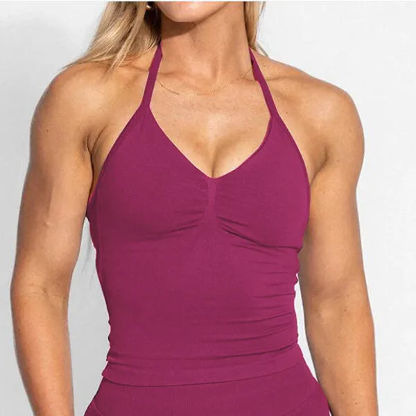 D-impact V Neck Gym Top Yoga Bra Longline Halter Women Seamless Sports Running Tank Fitness Workout Active Wear