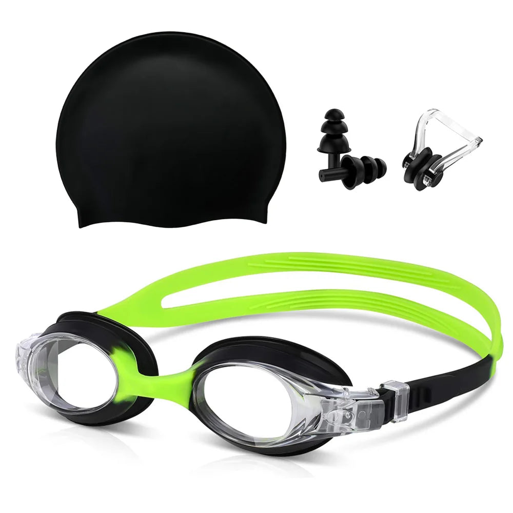 Kids Swim Goggles and Silicone Swim Cap set with Nose Clip Earplugs,Waterproof No Leaking Anti Fog UV Protection for Boys Girls