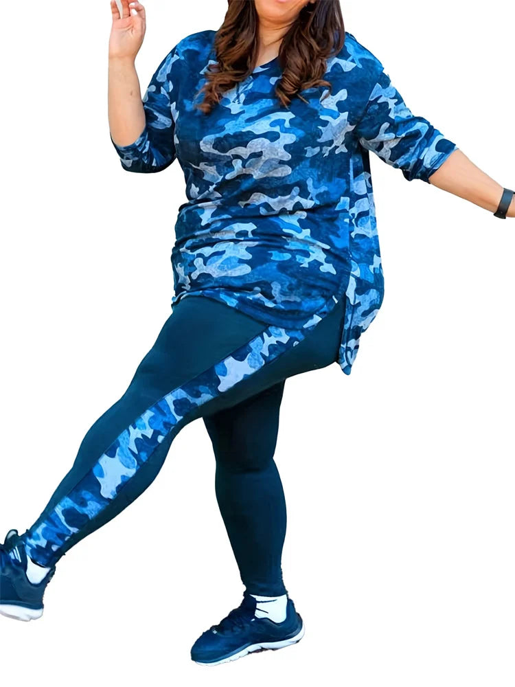 Wmstar Plus Size Women Clothes Camouflage Printed Stretch Long Sleeve Shorts Fashion Casual Two Piece Set