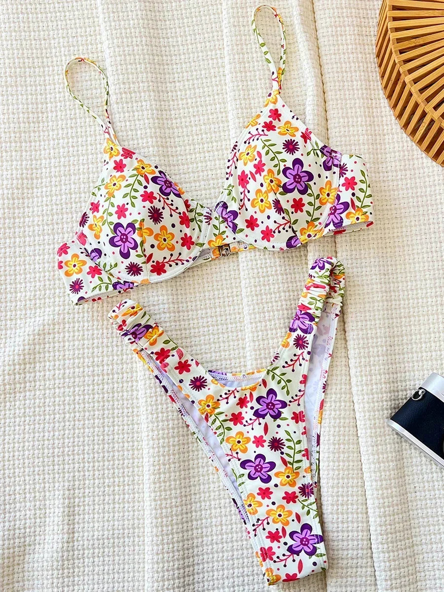 Flowers Printed Underwired High Cut Bikini Female Swimsuit Women Swimwear Two-pieces Bikini Set Push Up Bathing Suit Swim Lady