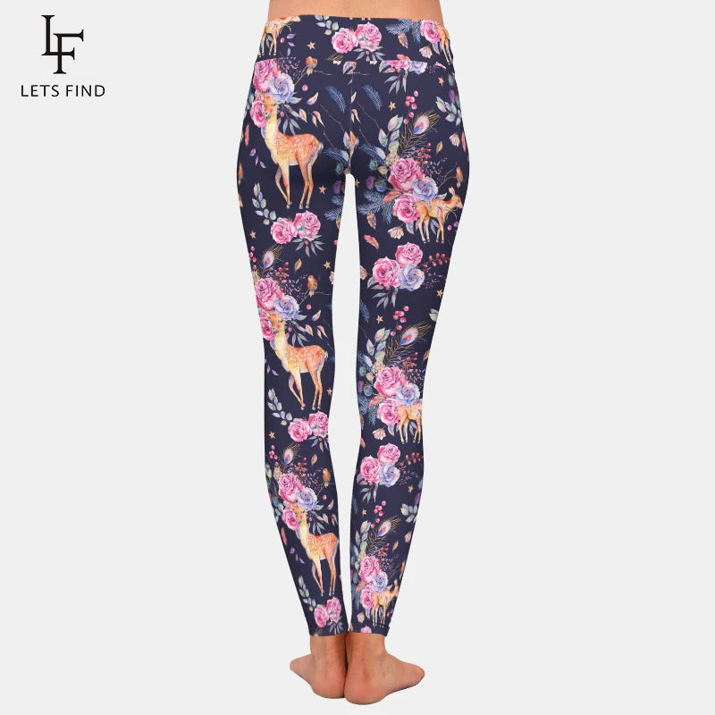 Cute Deer and Flowers Pattern 220gsm Double Side Brushed Milk Silk Print Women Leggings High Waist Leggings