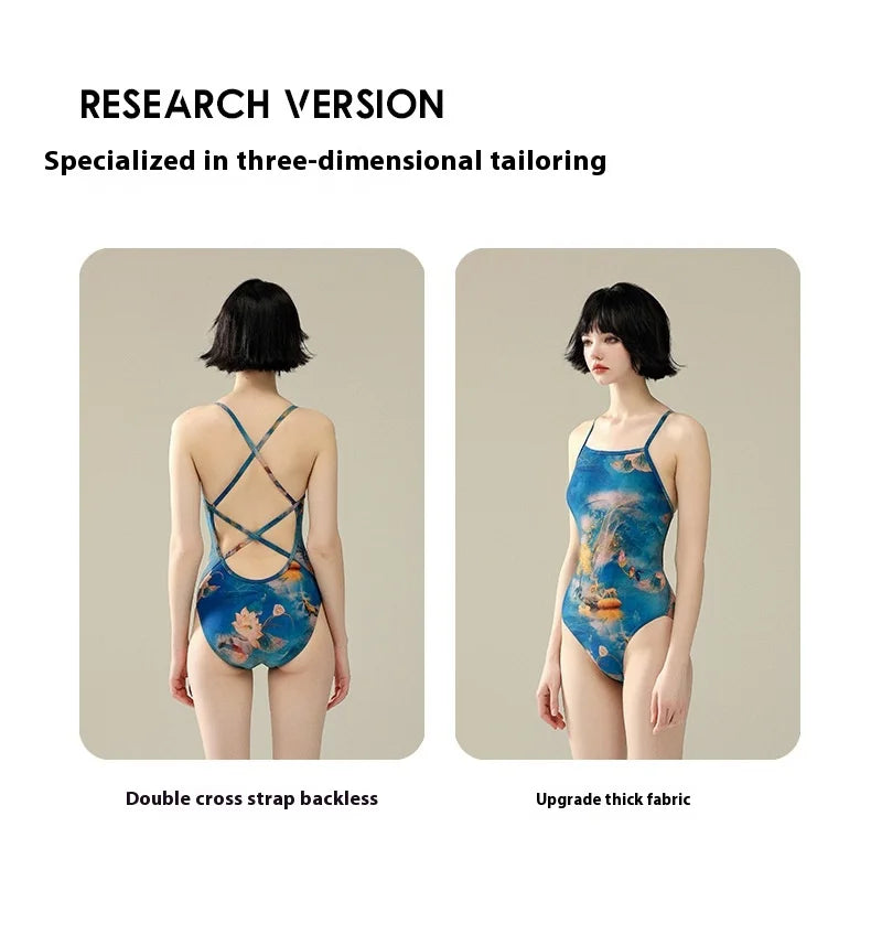 Bunny Bums Blue Flower Women Racing Swimsuit Training Special One-piece Swimsuit