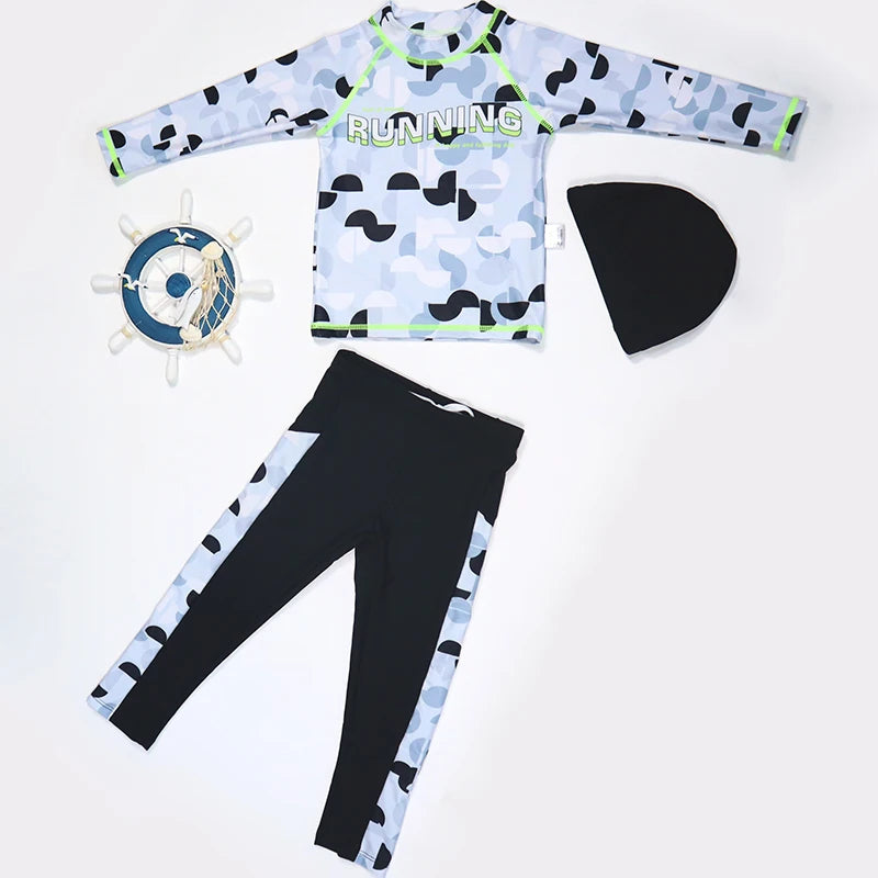 3pcs Boys' Split Style Swimsuit Set Long Sleeve Swimsuit Middle-Aged Young Children's Sunscreen Swimsuit Fashionable Boys