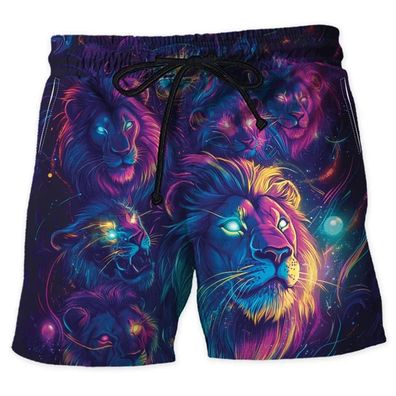 Neon Animal Graphic Beach Shorts, Men's Fashionable Summer Streetwear, 3D Printed Shorts, Cool Oversized Swimming Trunks