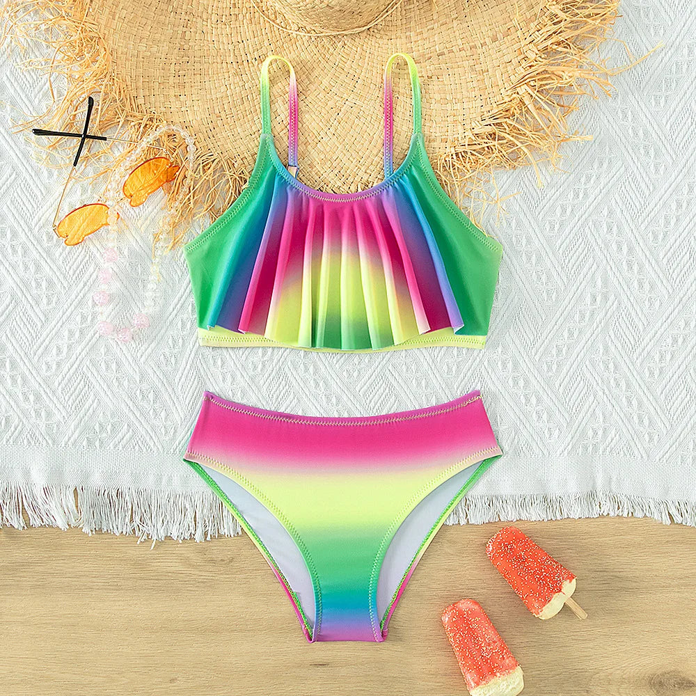 Teen Girls Rainbow Bikini Kids Ruffle Flounce Two Piece Swimsuit Children's Swimwear 6-16 Years Teenager Bathing Suit Beachwear