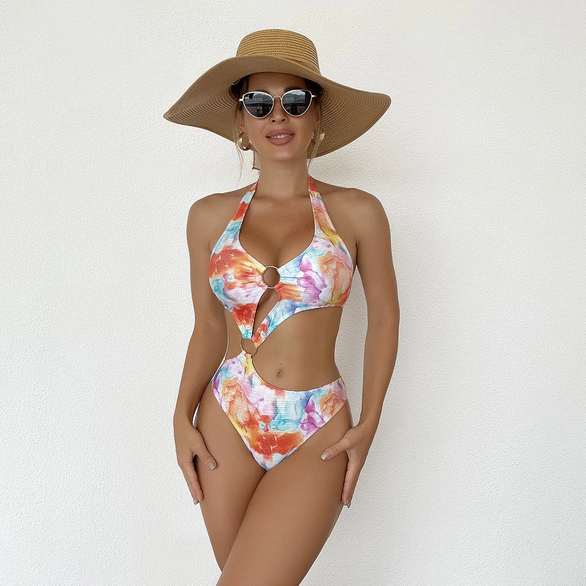 Print Tied Halter Swimwear Women Hollow Push Up One Piece Swimsuit Monokini Backless Beach Bathing Suit
