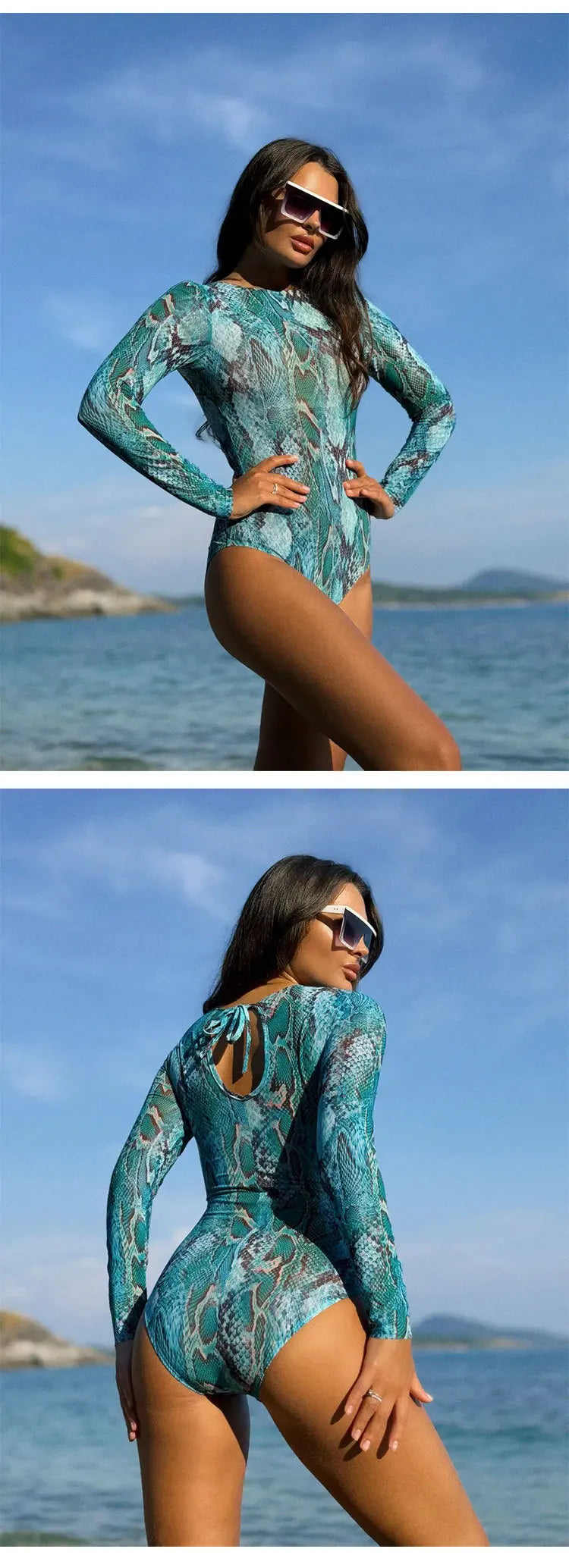 Mesh High Waist Swimsuit Women Summer Bathing Suit Bikini Set Long Sleeve Swimwear Beach Swimming Suit For Female