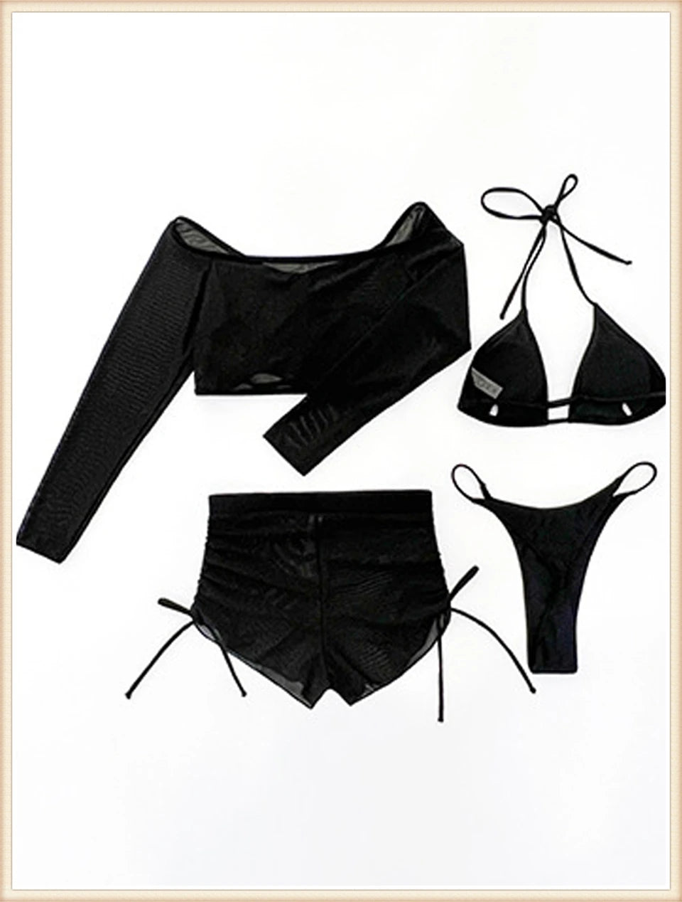 4 Piece Bikini Women Drawstring Cover Up Top & Shorts Swimsuit Female Halter Swimwear Bathing Swimming Mesh Beachwear Suit
