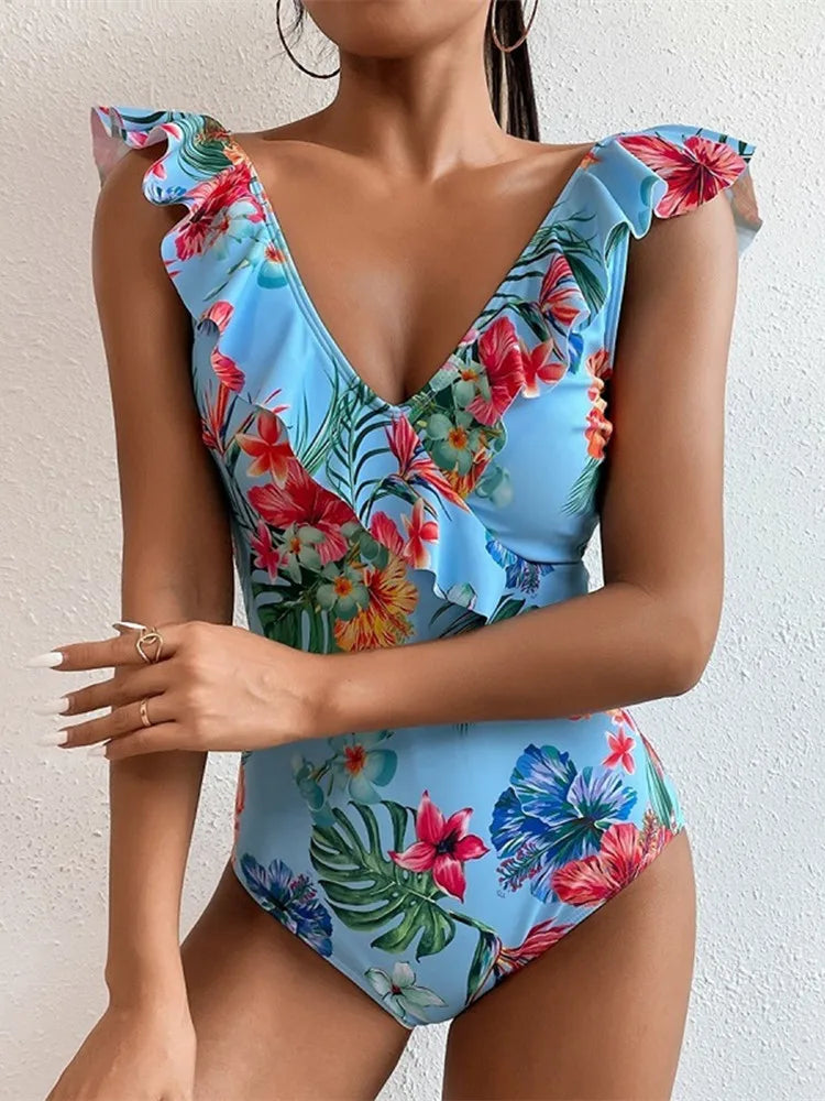 One Piece Swimsuit Women Swimwear Vintage Bathing Suit Shoulder Ruffle Swimming Suit Backless Monokini