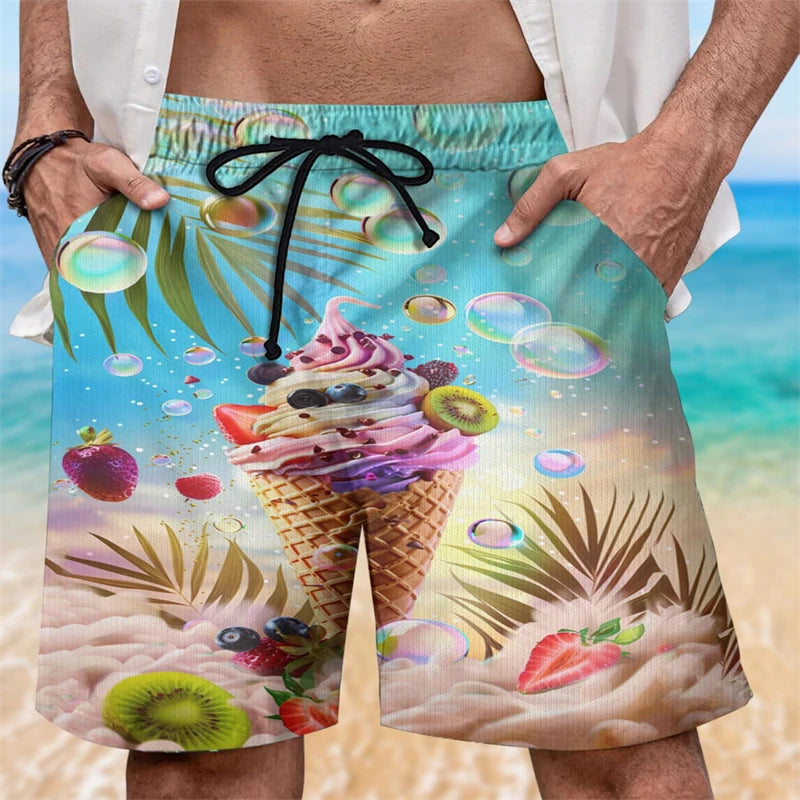 Ice Cream 80s 90s 3d Printed Surfing Board Shorts Cool Summer Street Hip Hop Swim Trunks For Men Vacation Beach Ice Shorts