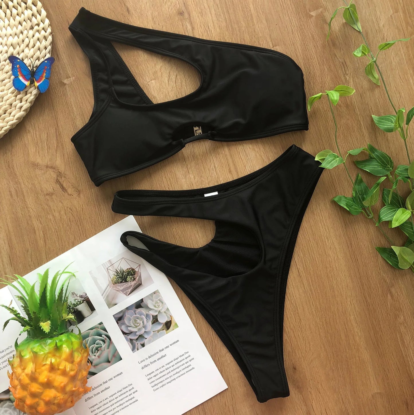 Solid color swimsuit irregular diagonal shoulder bikini Swimwear Beach Bathing Suits