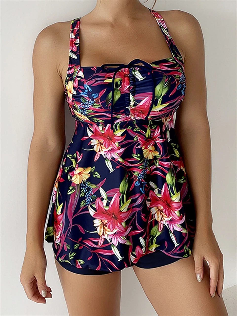 Two Piece Print Tankini Set Drawstring Swimwear High Waist Swimsuit Female Bathers Bathing Swimming Swim Suit Beachwear