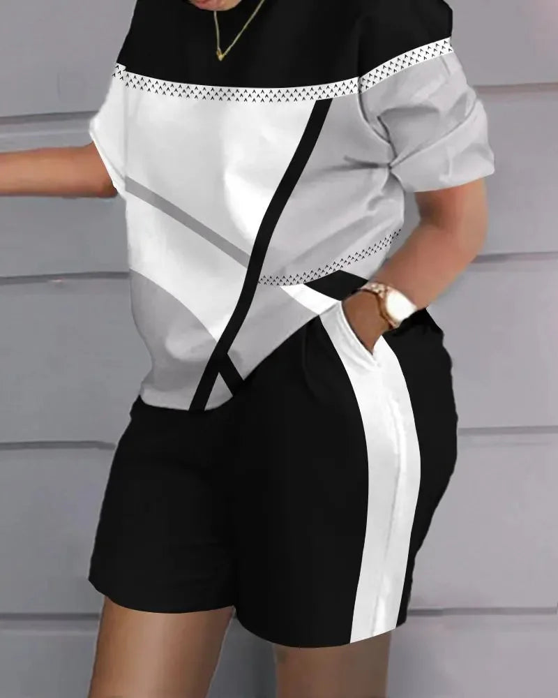 Women Casual Short Sleeve Two Piece Sets Womens Outifits Summer Letter Printed Pocket Suit Female T-shirt Shorts Matching Sets