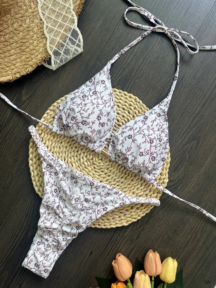 Bikini Set Women Swimsuit Printed Halter Lace Up Two-Piece Swimwear Backless Bathing Summer Fashion Female Beachwear