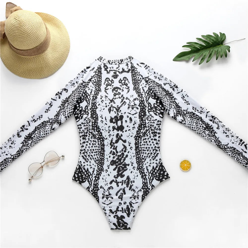 Surfing Sport Long Sleeves Swimsuit For Women Floral Printed High Quality Swimwear Patchwork Bathing Suit Tropical Summer