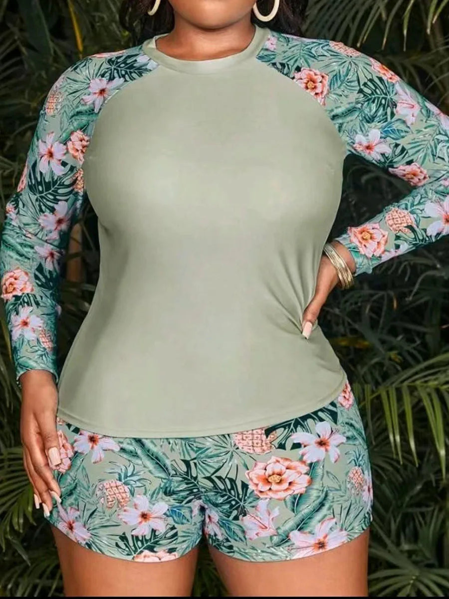 Tropical Long Sleeve Swimsuit Women Plus Large Size Swimwear Female Bathers Bathing Swimming Swim Suit Beachwear 4XL