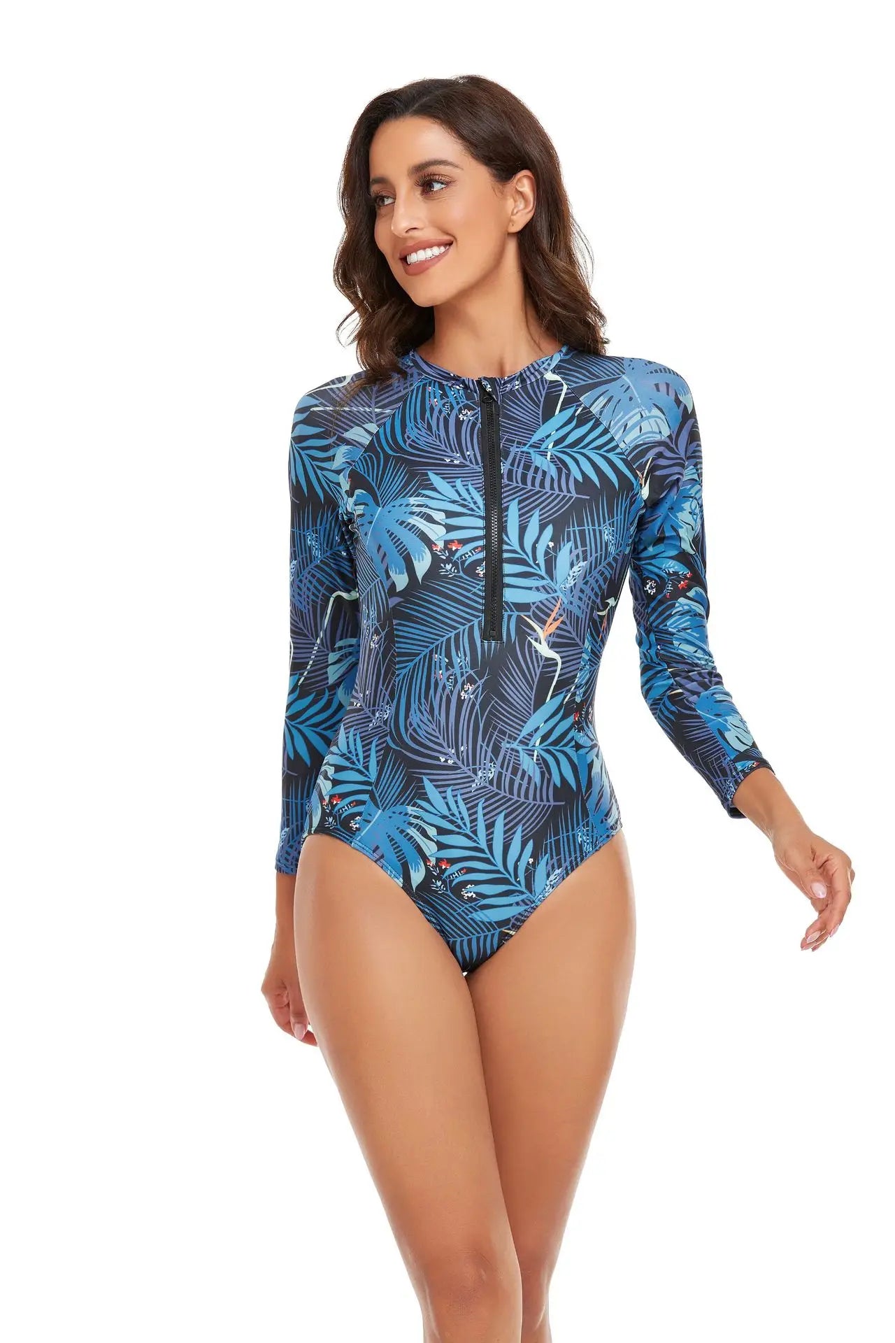 One-piece Swimsuit Women Long Sleeves Sunscreen Surf Wear Solid Color Stitching Zipper Conservative Summer Beach Swimwear